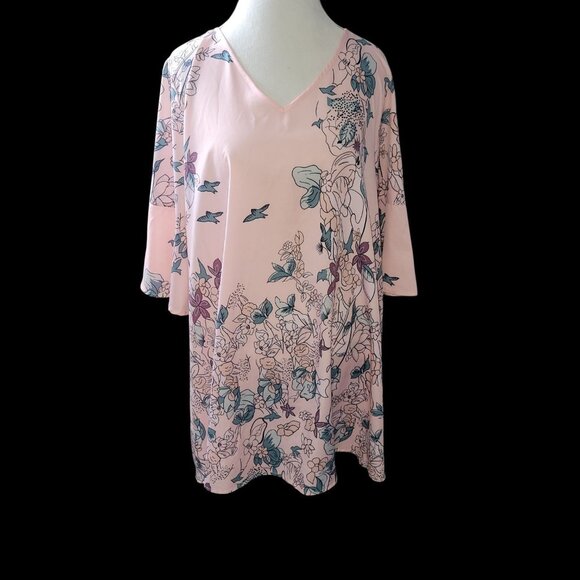 Misslook Tunic Shirt Womens Floral Flowers 3/4 Bell Sleeve 3X V-neck Festive - Picture 3 of 6